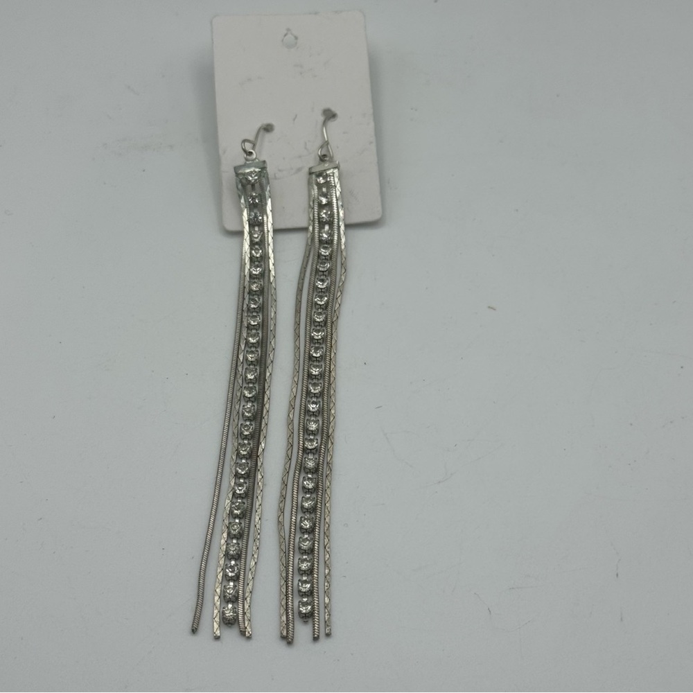 Silver Tone Rhinestone Fringe Drop Earrings Long Statement Style - Picture 1 of 5